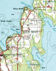 Topographic map of Door County with various locations labeled