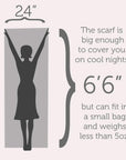 The scarf is big enough to cover you on cool nights but ca fit in a small bag and weighs less than 5oz. 6'6" x 24"