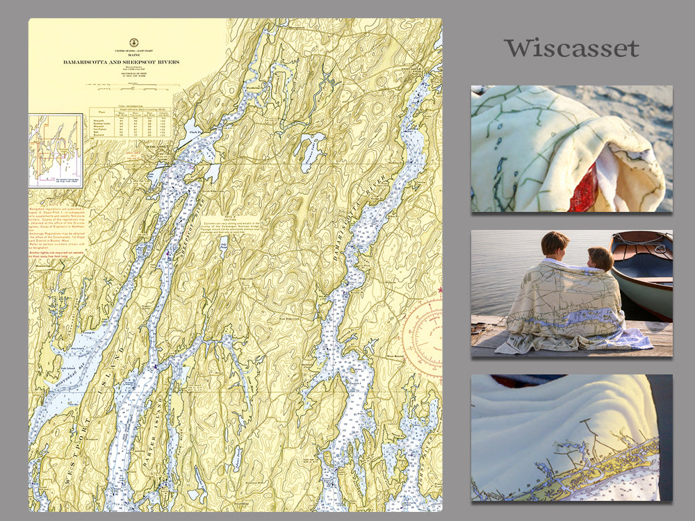 Wiscasset ME Vintage Nautical Chart Blanket