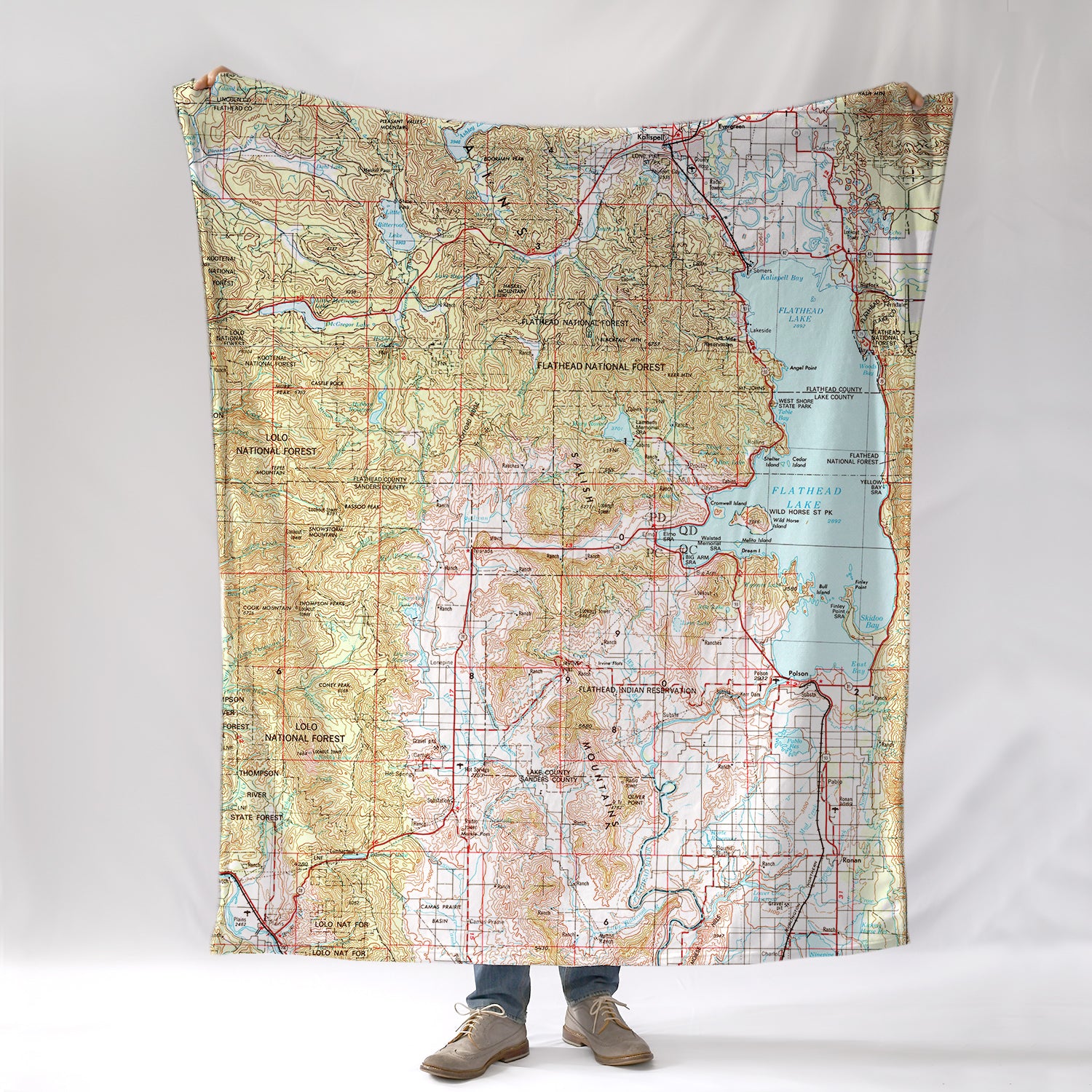 Flathead Lake, Big Fork, MT Vintage Topo Map Blanket