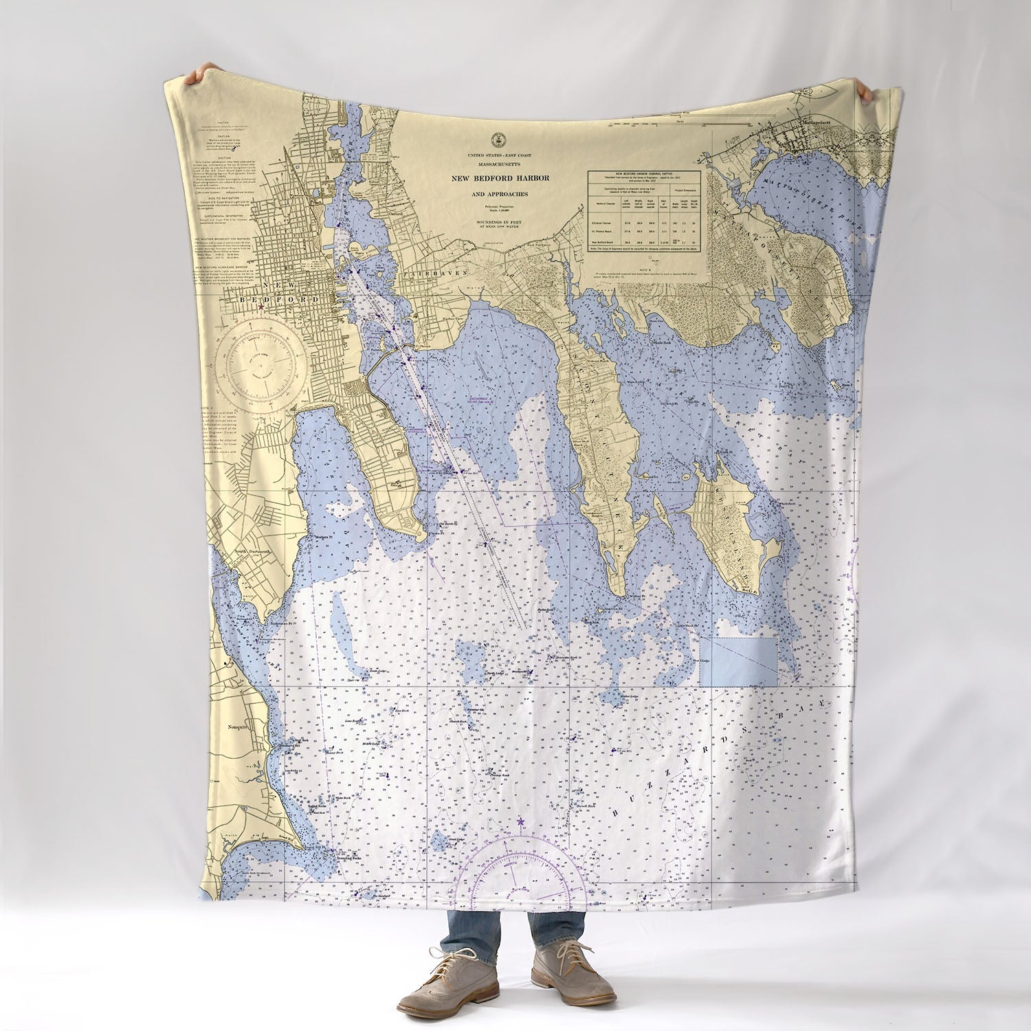 Fairhaven & New Bedford MA Vintage Nautical Chart Blanket