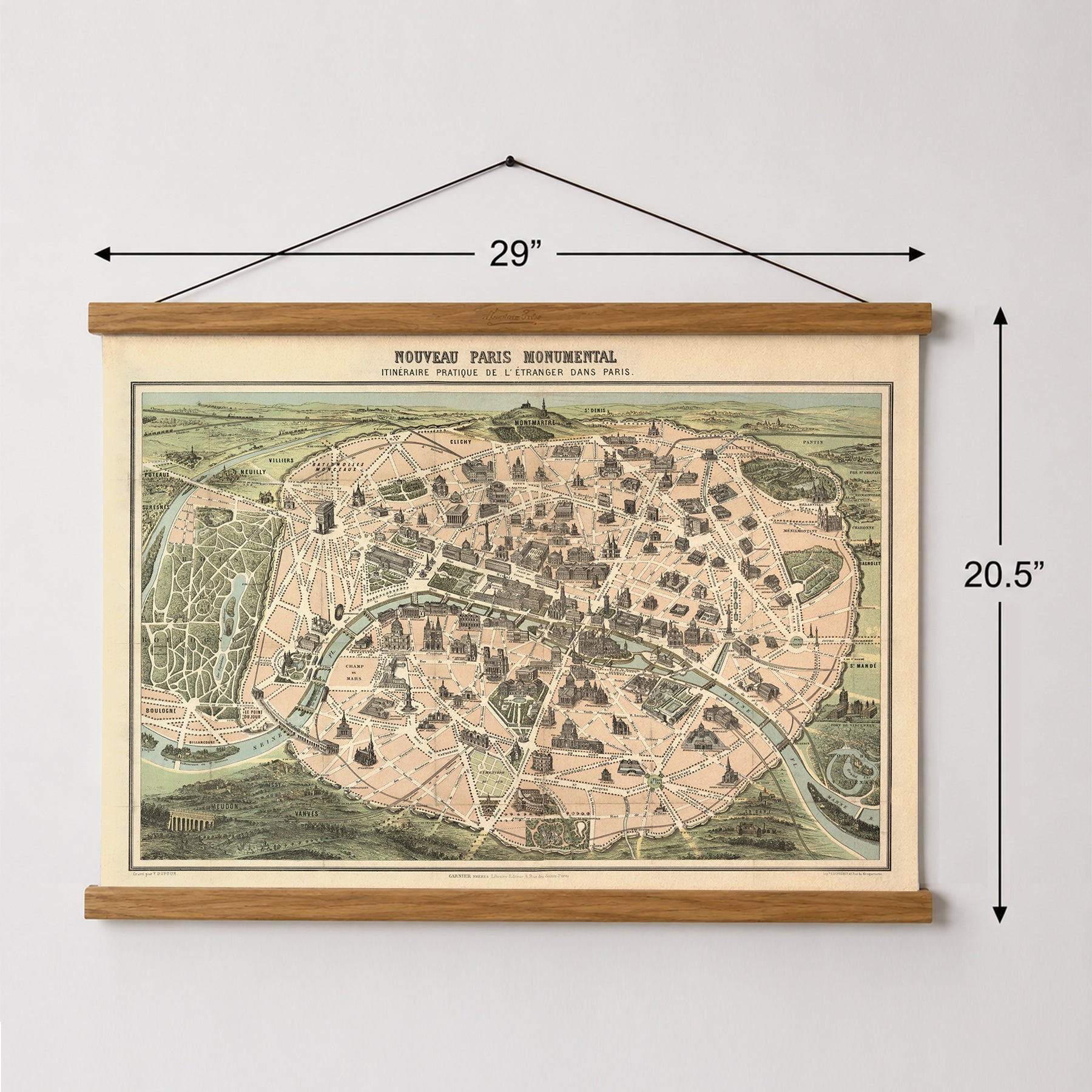 Vintage-style hanging map of Montreal, Canada, shown on a light wall with dimension arrows indicating 29 inches wide by 20.5 inches tall.