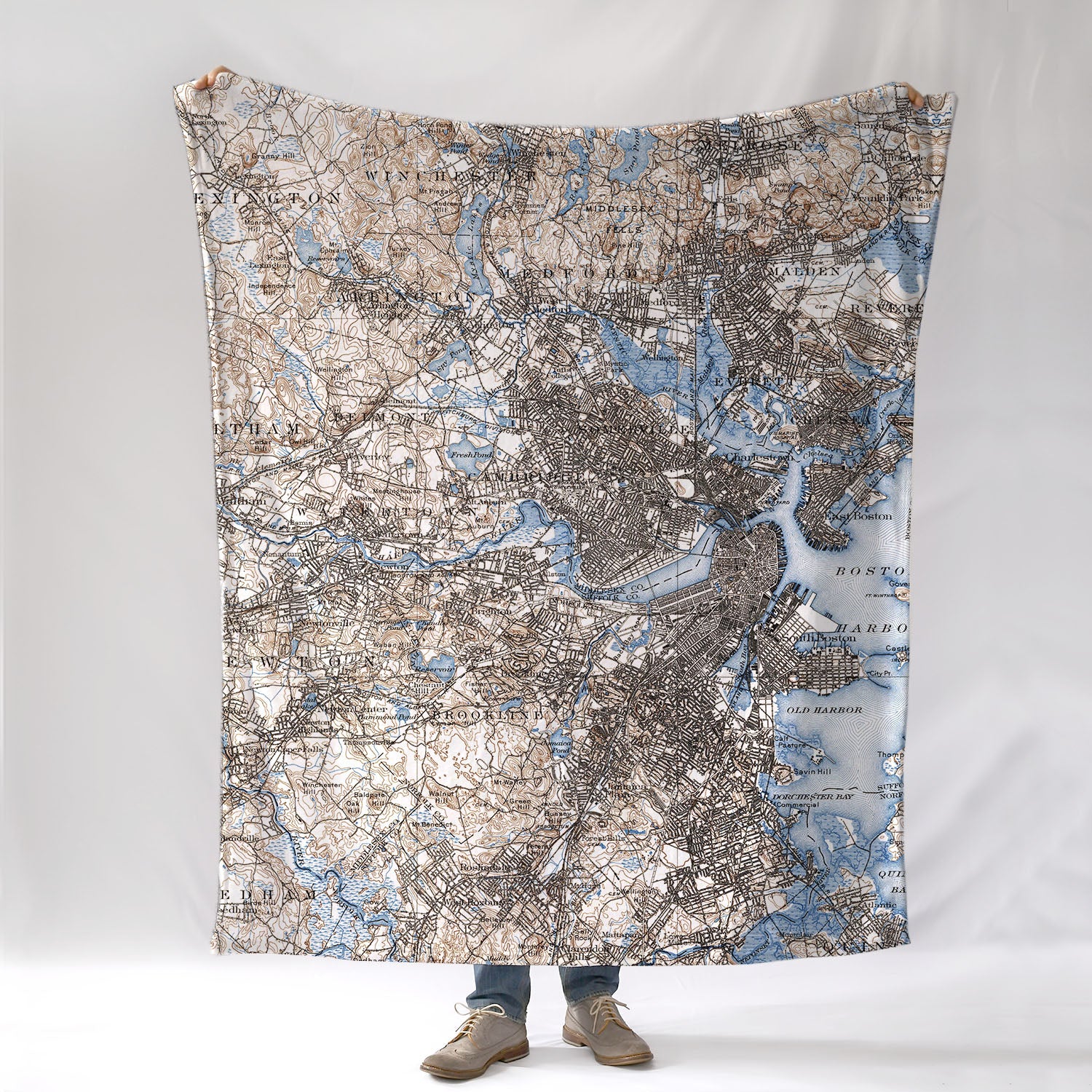 Boston Vintage Blues Antique Map Blanket