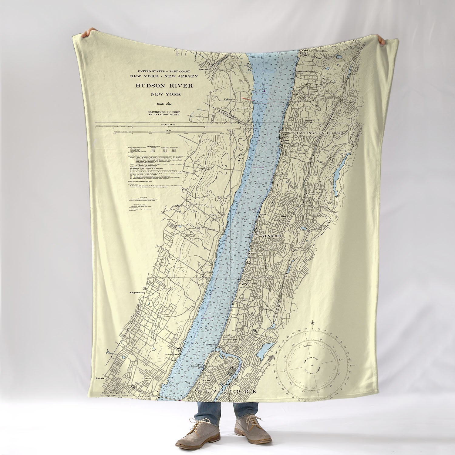 NYC to Hastings-on-Hudson, NYVintage Nautical Chart Blanket