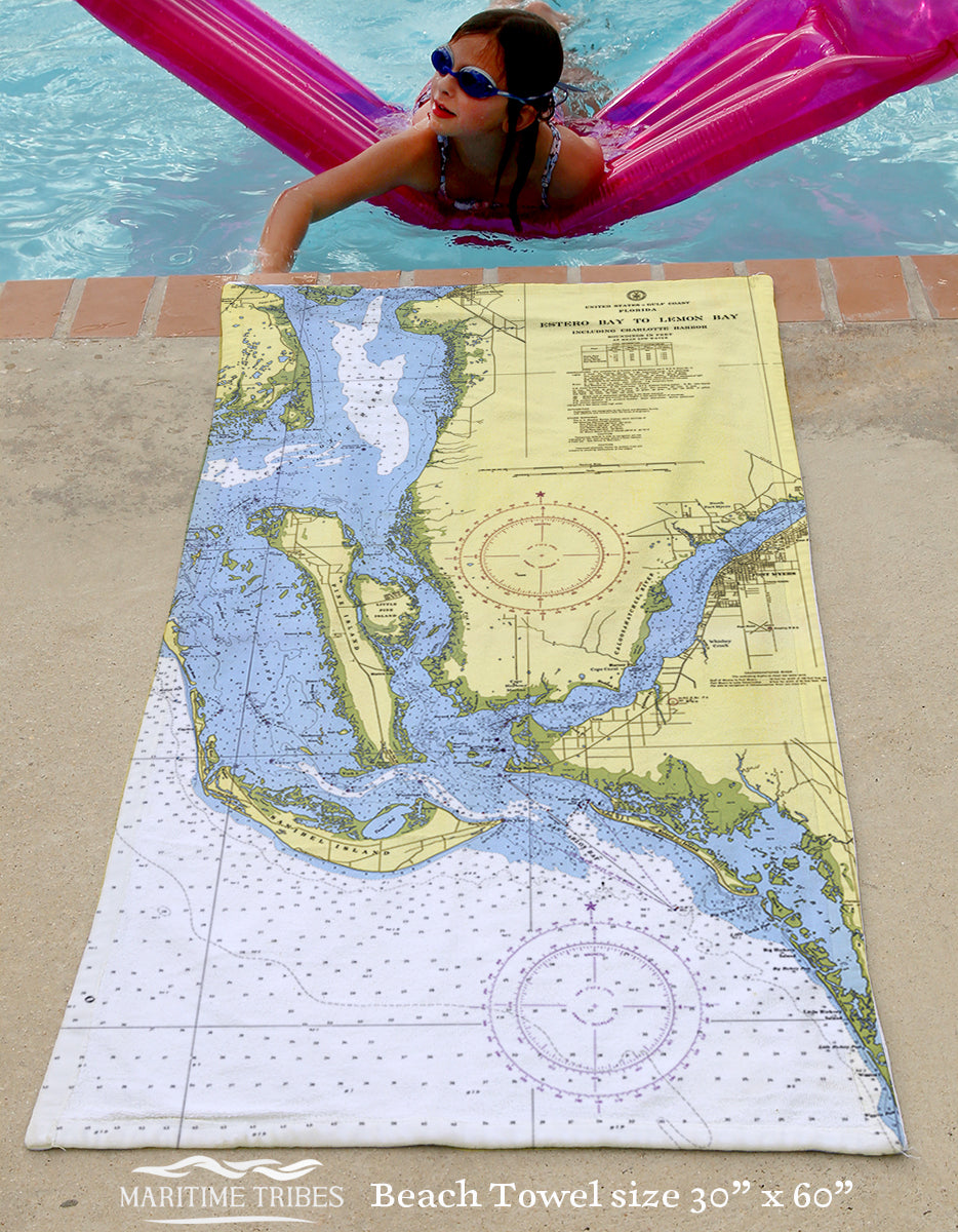 Sanibel Island Nautical Chart Quick-Dry Sport Towel – 30" x 60" Beach &amp; Boat Towel