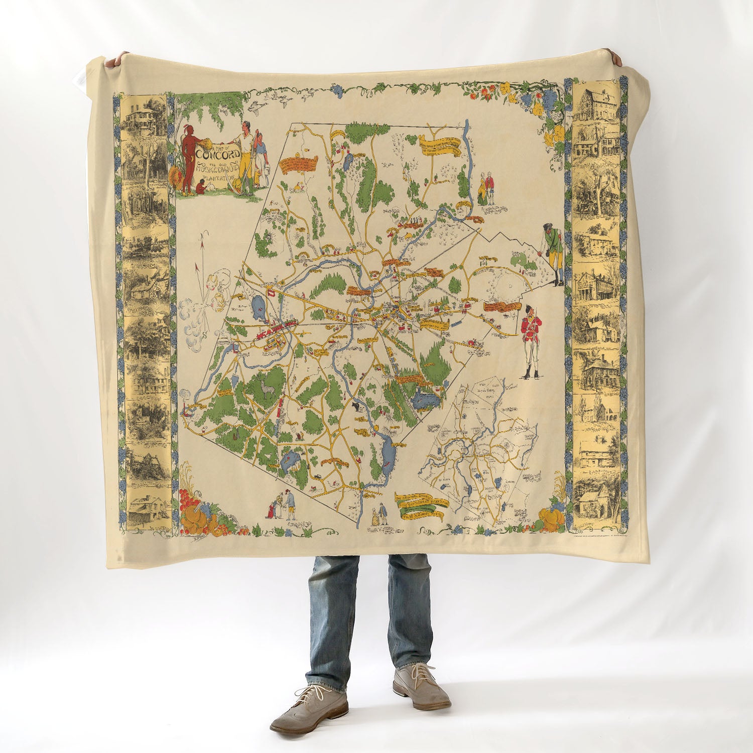 Concord, MA Vintage Pictorial Map - Made in 1929 includes things from 1635 - 1780 | Blanket