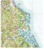 Topographic map of a coastal area with green and blue colors