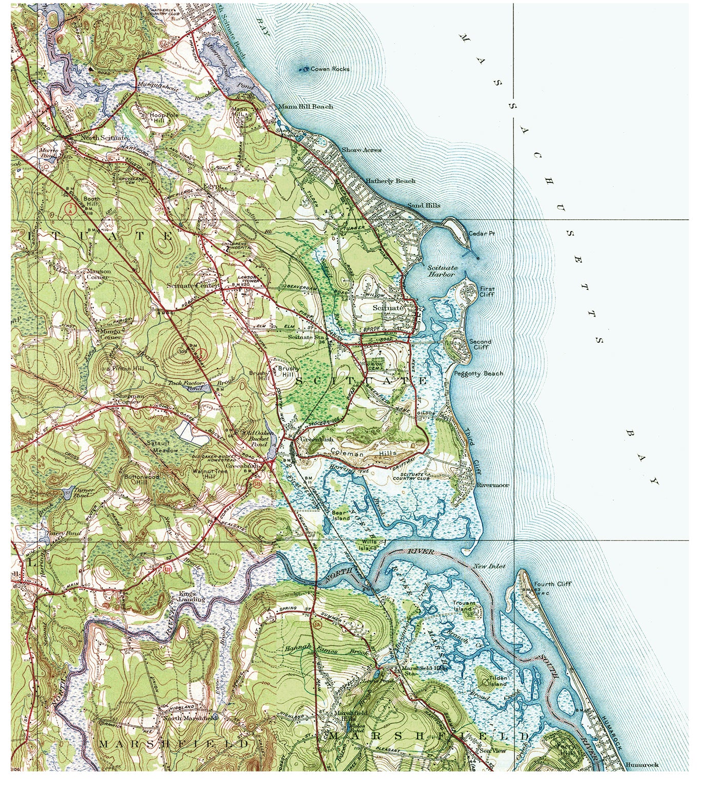 Topographic map of a coastal area with green and blue colors