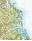 Topographic map of a coastal area with green and blue colors