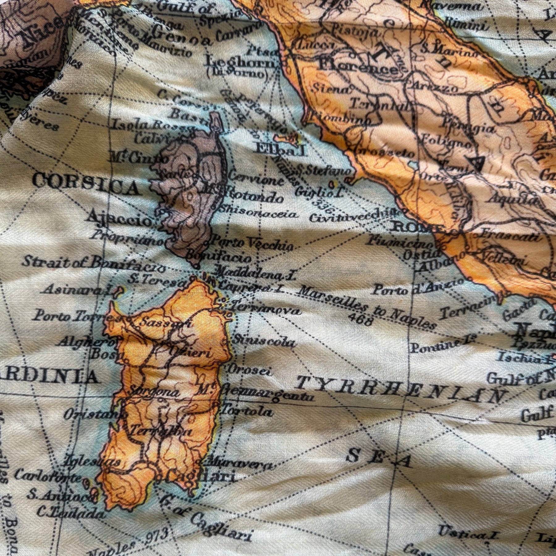 Vintage map of Italy with a focus on Corsica and the Tyrrhenian Sea.