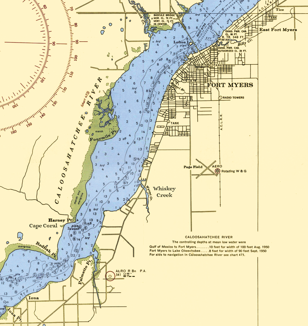 A vintage nautical chart of Calosmahatchee River showing depth measurements, labeled with places such as Fort Myers, Whiskey Creek, and Cape Coral on a cream-colored background.