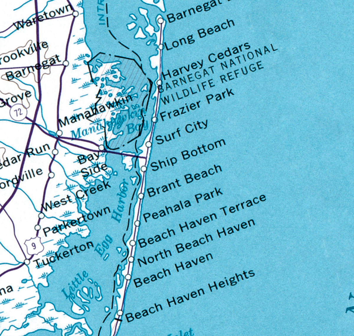 A close-up printed map showing coastal place names such as Barnegat, Long Beach, Surf City, Ship Bottom, and Beach Haven Heights over a light blue water area with white land and black road lines.