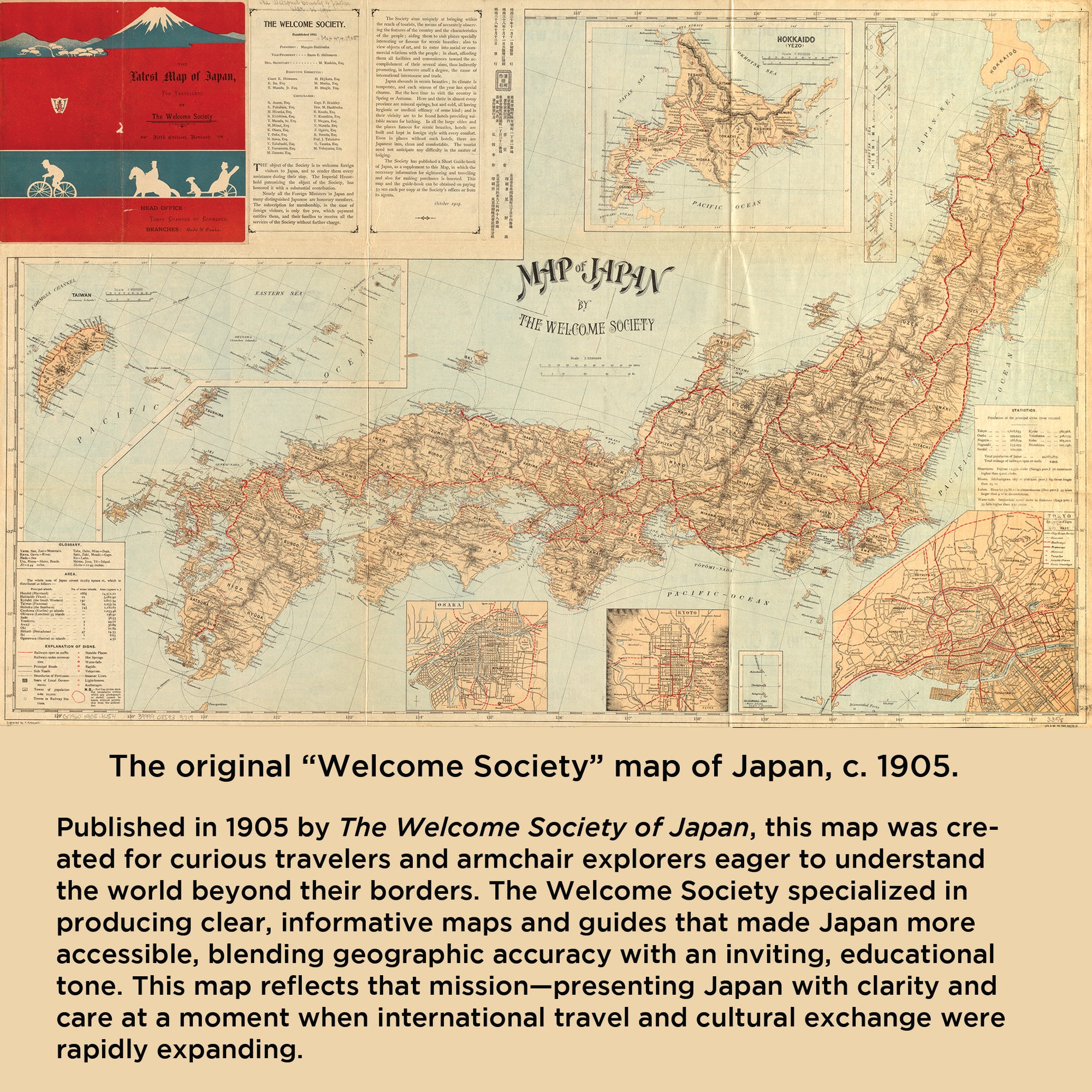 Vintage map of Japan by The Welcome Society of Japan from 1905, with text explaining its purpose.