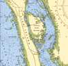 A vintage-style nautical map of Little Pine Island and adjacent channels, with labeled islands, depth numbers, compass rose, and pale blue water against a cream background.