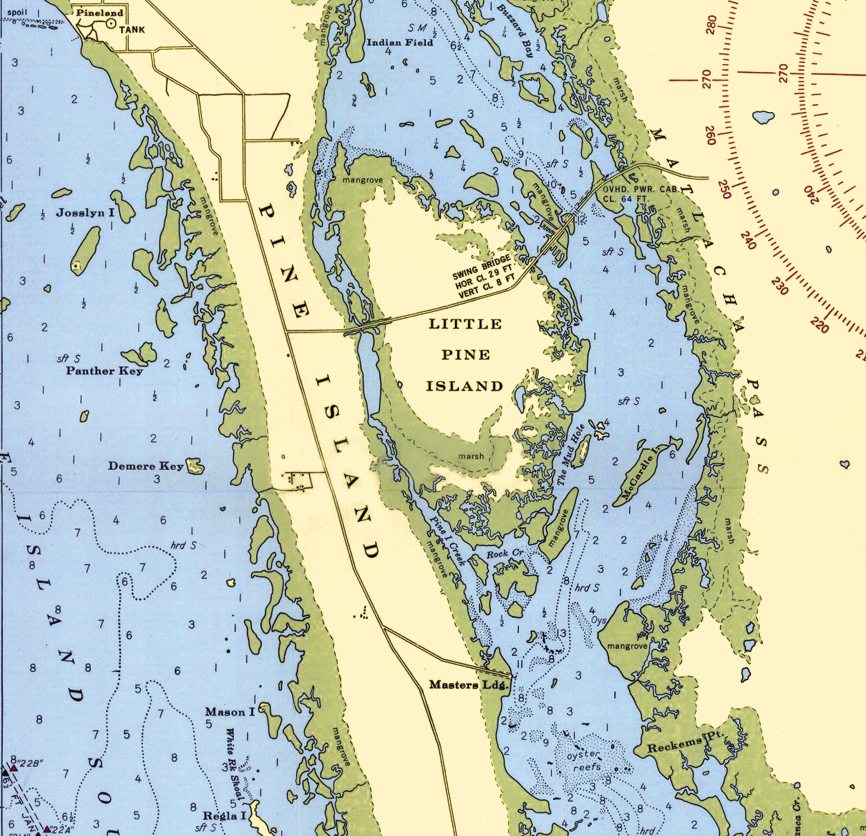 A vintage-style nautical map of Little Pine Island and adjacent channels, with labeled islands, depth numbers, compass rose, and pale blue water against a cream background.