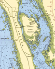 A vintage-style nautical map of Little Pine Island and adjacent channels, with labeled islands, depth numbers, compass rose, and pale blue water against a cream background.