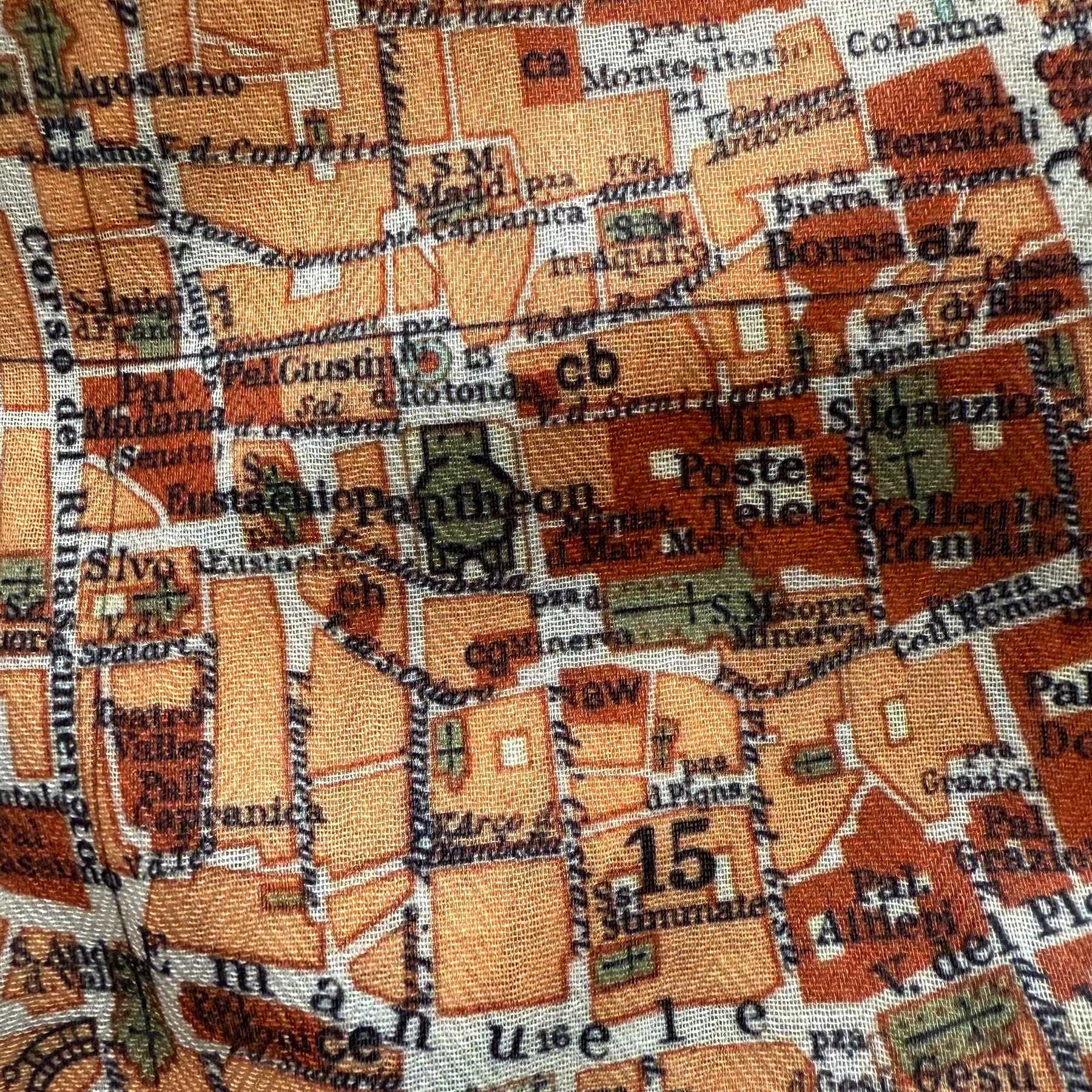 Textured fabric with printed map design featuring various labels and text.