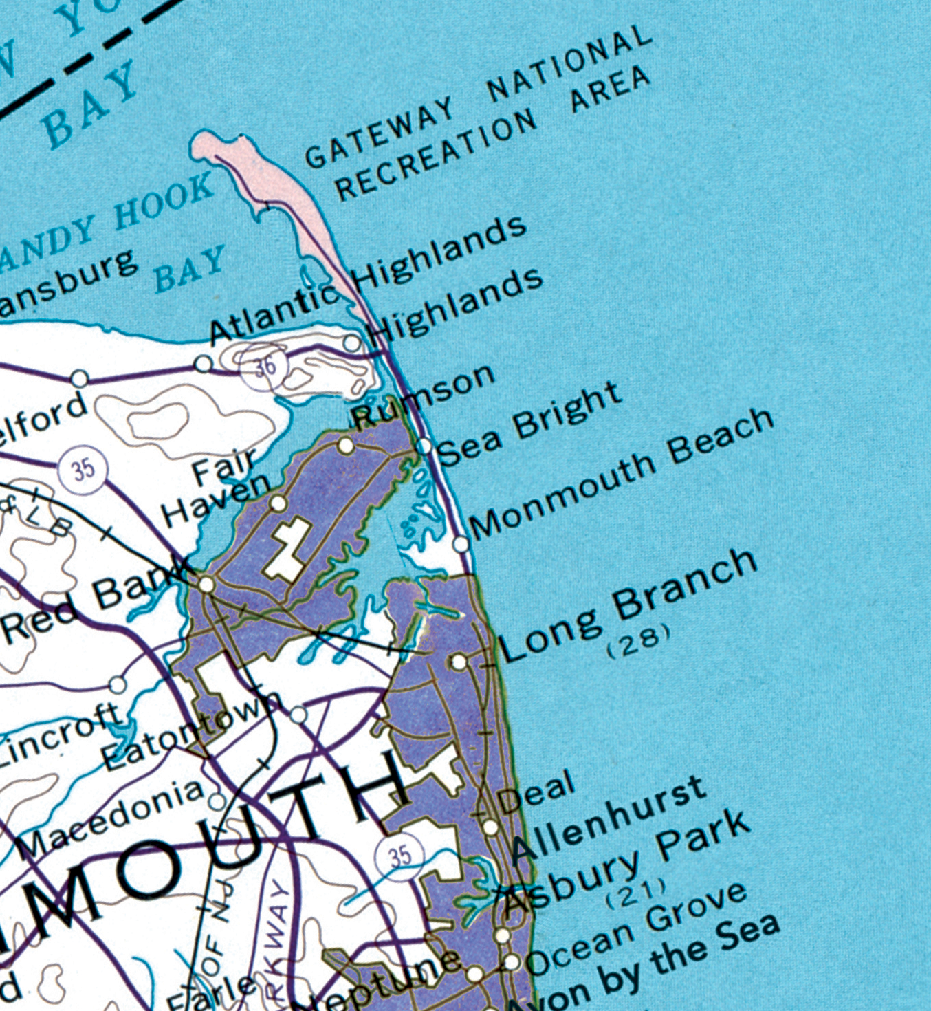 A close-up of a vintage-style map showing the coastal area of Gloucester, Massachusetts, with labeled places such as Gateway National Recreation Area, Atlantic Highlands, Rumson, Sea Bright, Monmouth Beach, Long Branch, and Allenhurst. The map uses blue water, white land, and purple shaded regions.