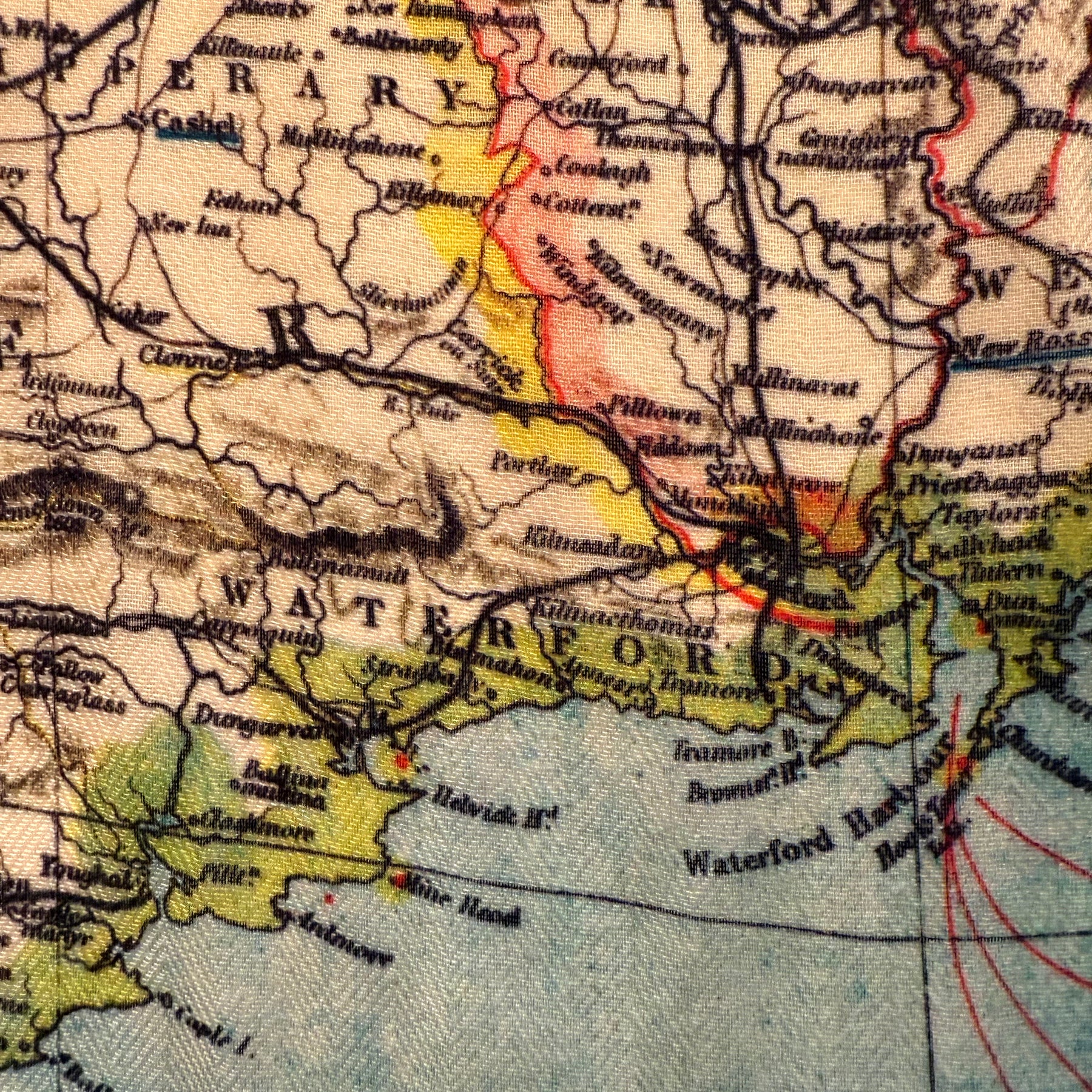 Vintage map of Waterford region with colorful regions and text
