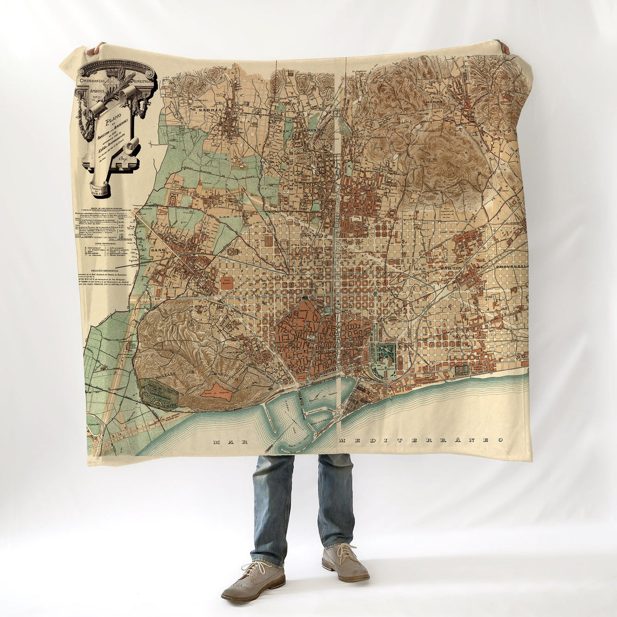 Barcelona, España, Vintage Antique Map, c. 1915 Blanket | Barcelona Spain Decor - Maritime Tribes USABlanket