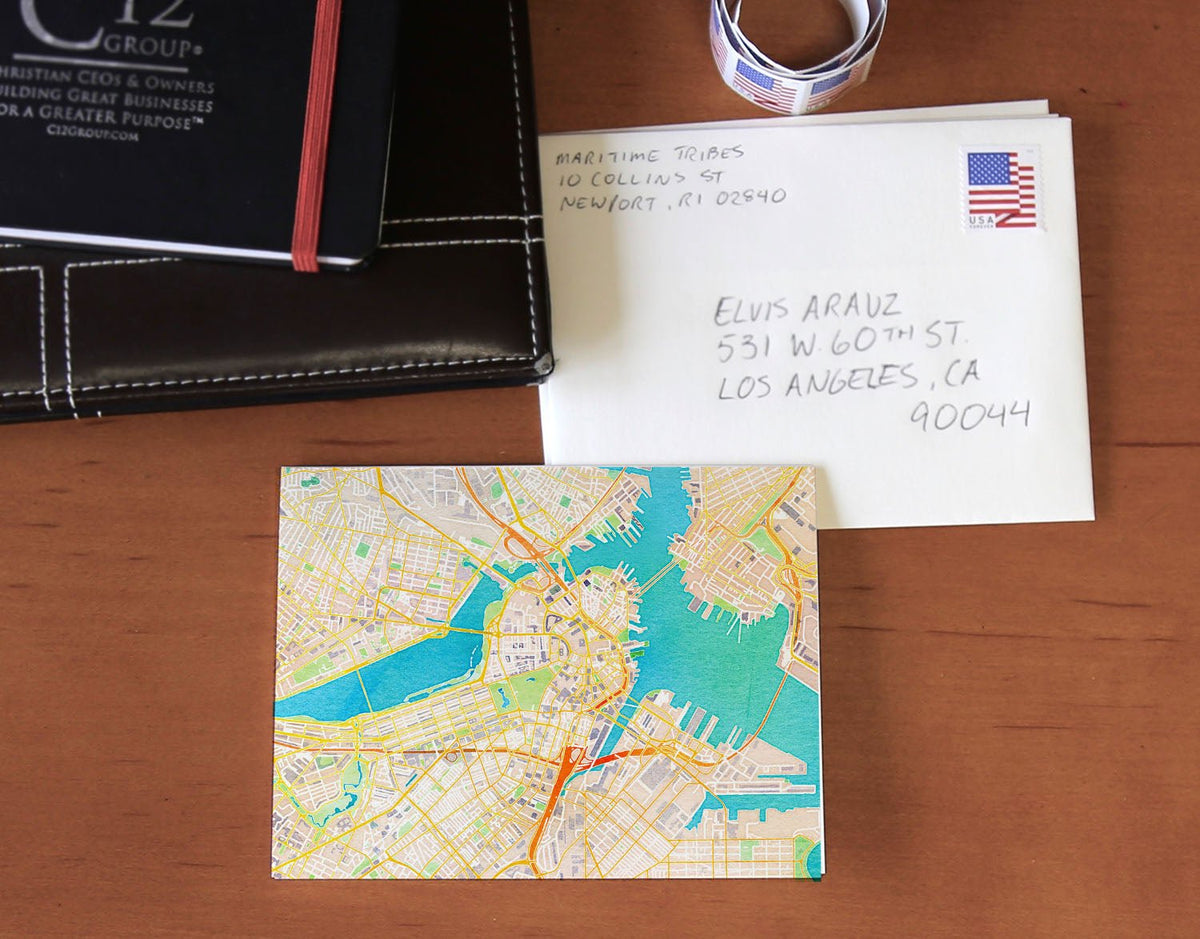 Boston, MA Watercolor Map Notecard, Pack of 24 Notecards - Maritime Tribes USANotecard