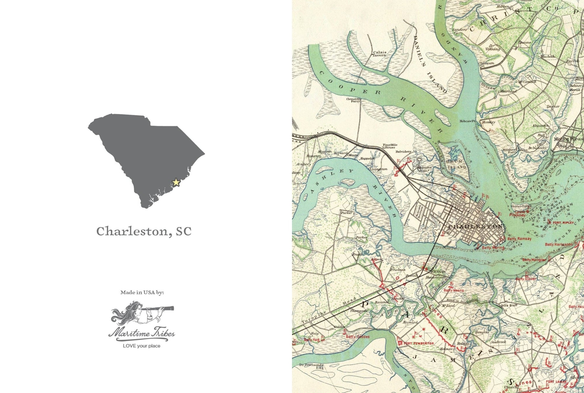 Charleston, South Carolina, Vintage Map Notecard, Pack of 24 Notecards - Maritime Tribes USANotecard