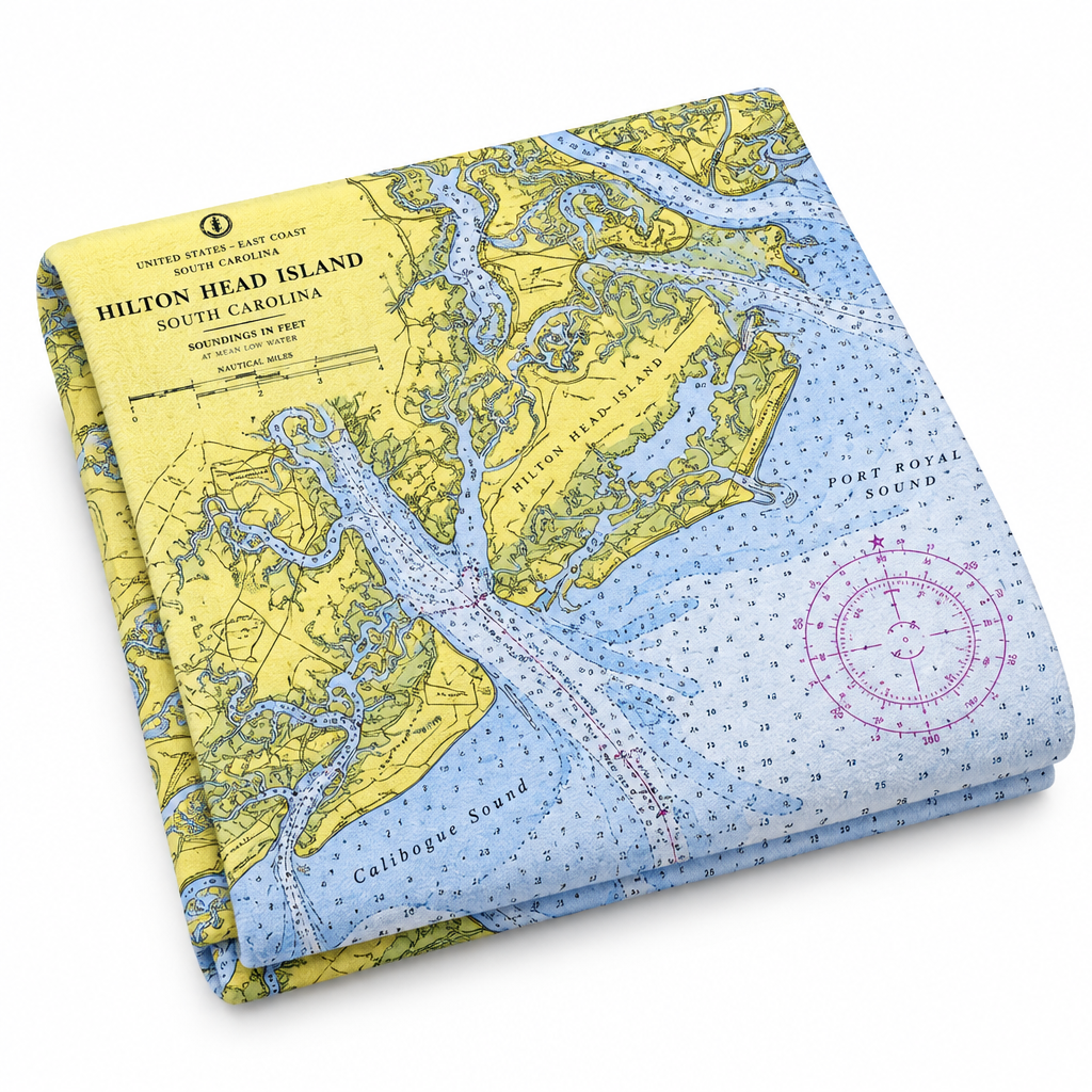 Folded quick-dry towel printed with the Hilton Head Island, SC nautical chart