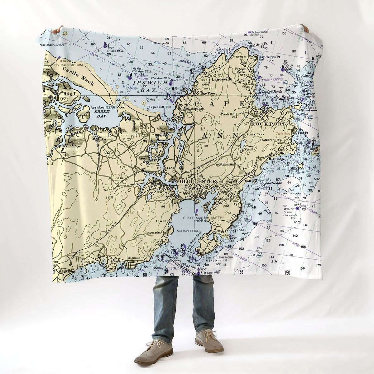 Gloucester Harbor - Cape Ann MA - Vintage Nautical Chart Blanket - Maritime Tribes USABlanket