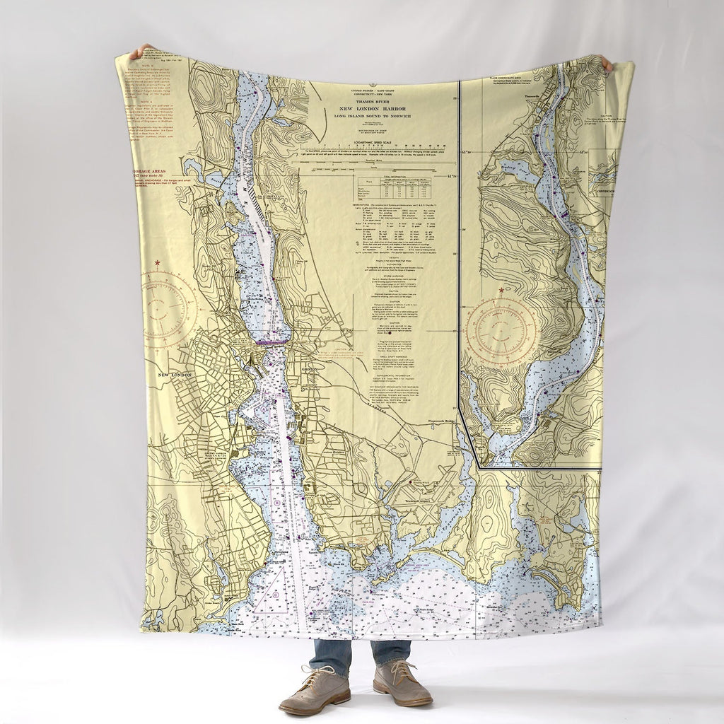 Groton, New London, Thames River, CT Nautical Chart Blanket - Maritime Tribes USABlanket