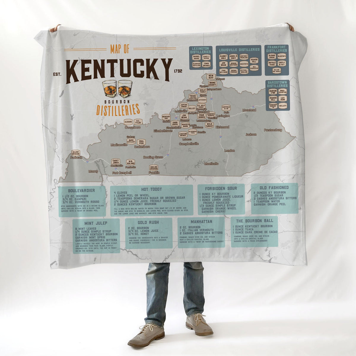 Kentucky Bourbon Distilleries Map Blanket - Maritime Tribes USABlanket