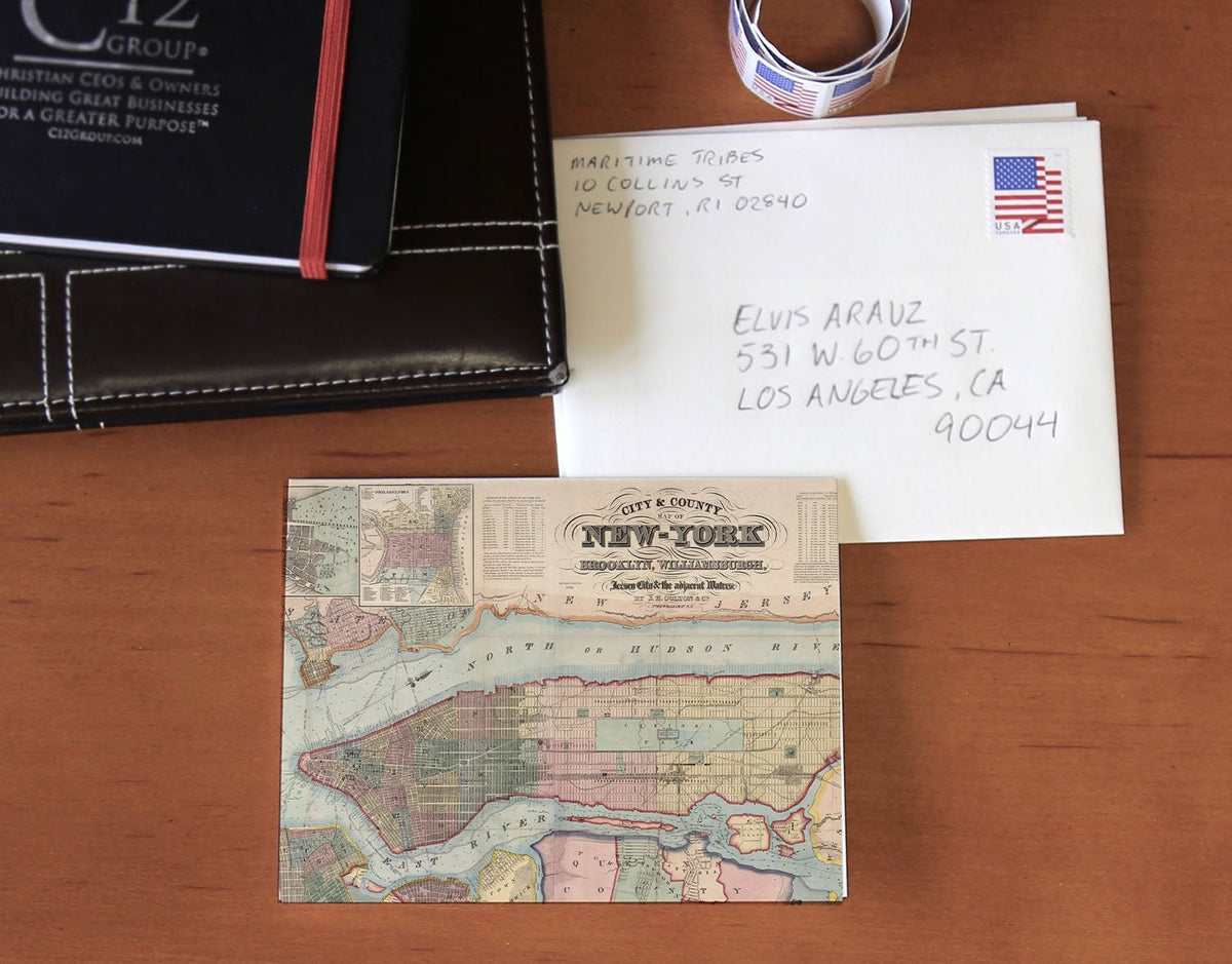 Manhattan, New York City Vintage Map Notecard, Pack of 24 Notecards - Maritime Tribes USANotecard