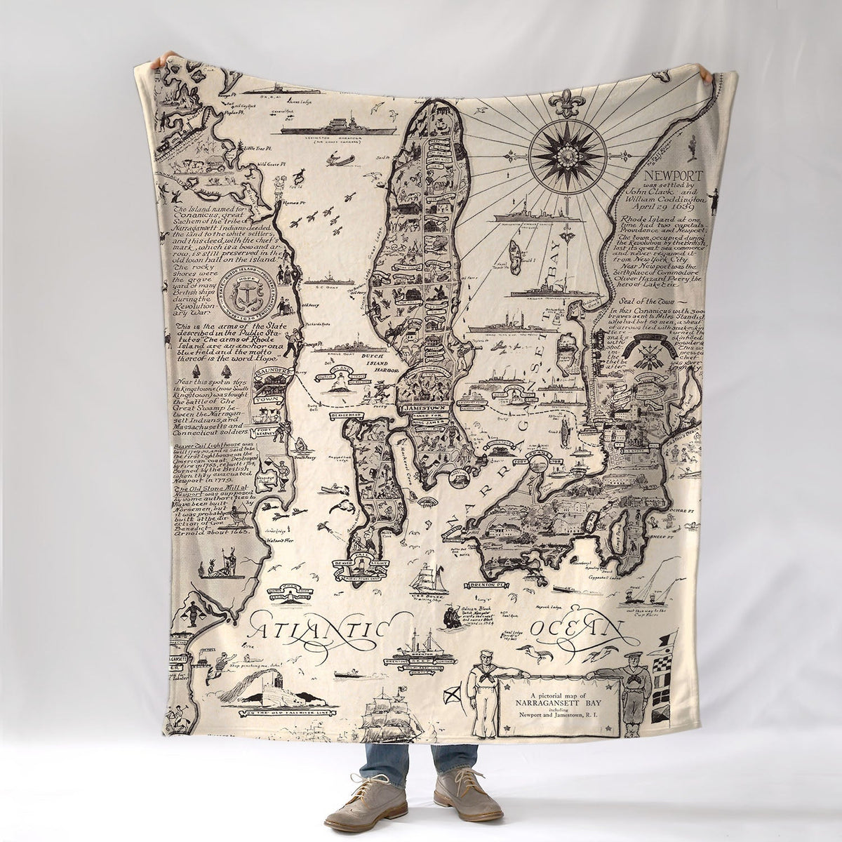 Newport, RI Antique Map, Tourist (Pictorial) map Blanket - Maritime Tribes USABlanket