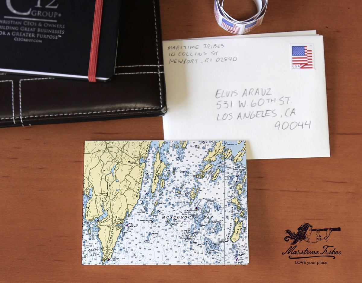 Round Pond, Muscongus Bay, ME Nautical Chart, Pack of 24 Notecards - Maritime Tribes USANotecard