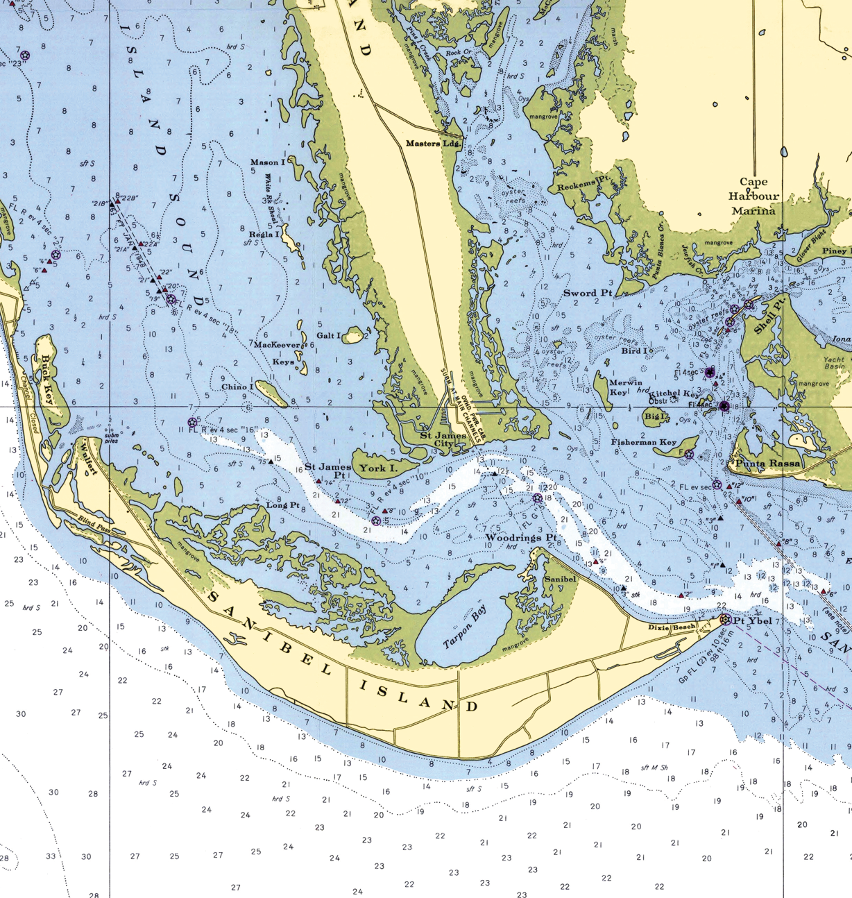 A vintage nautical chart of the Florida peninsula and surrounding waters, showing islands, coastlines, depth symbols, and labeled geographic features.