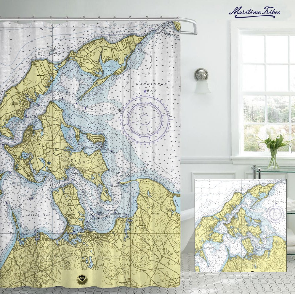 Southold, North Fork, NY Nautical Chart Shower Curtain - Maritime Tribes USAShower Curtain