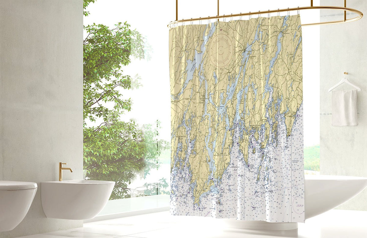 Bath To Pemaquid, Vintage Nautical Chart Shower Curtain - Maritime Tribes USAShower Curtain