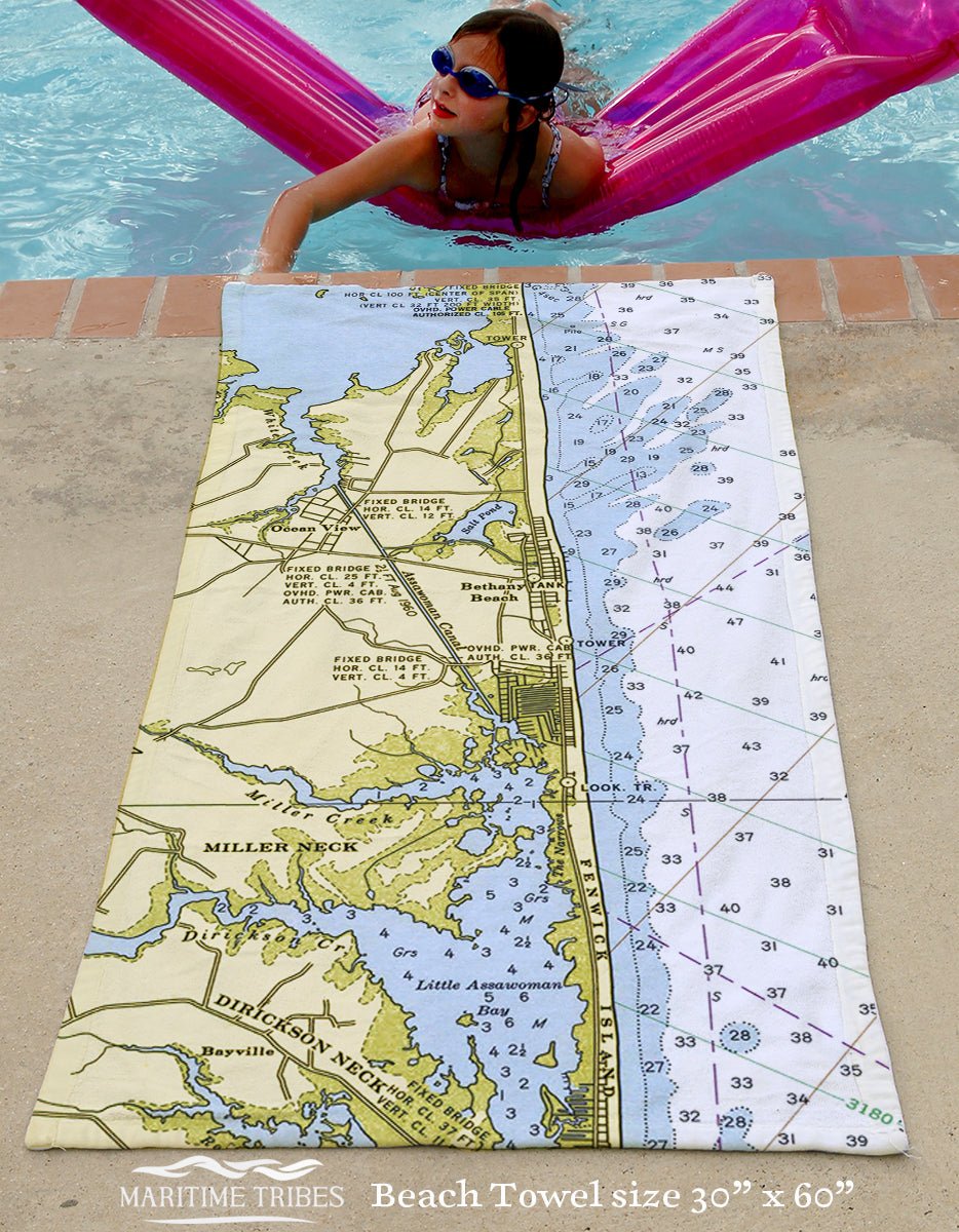 Bethany Beach, DE Nautical Chart Beach Towel Quick Dry Towel - Maritime Tribes USATowel