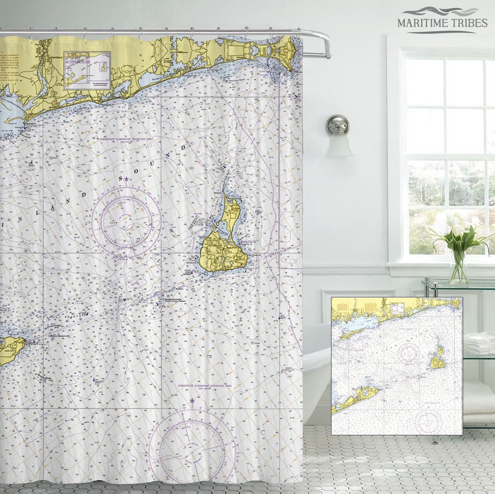 Block Island Sound Nautical Chart Shower Curtain - Maritime Tribes USAShower Curtain