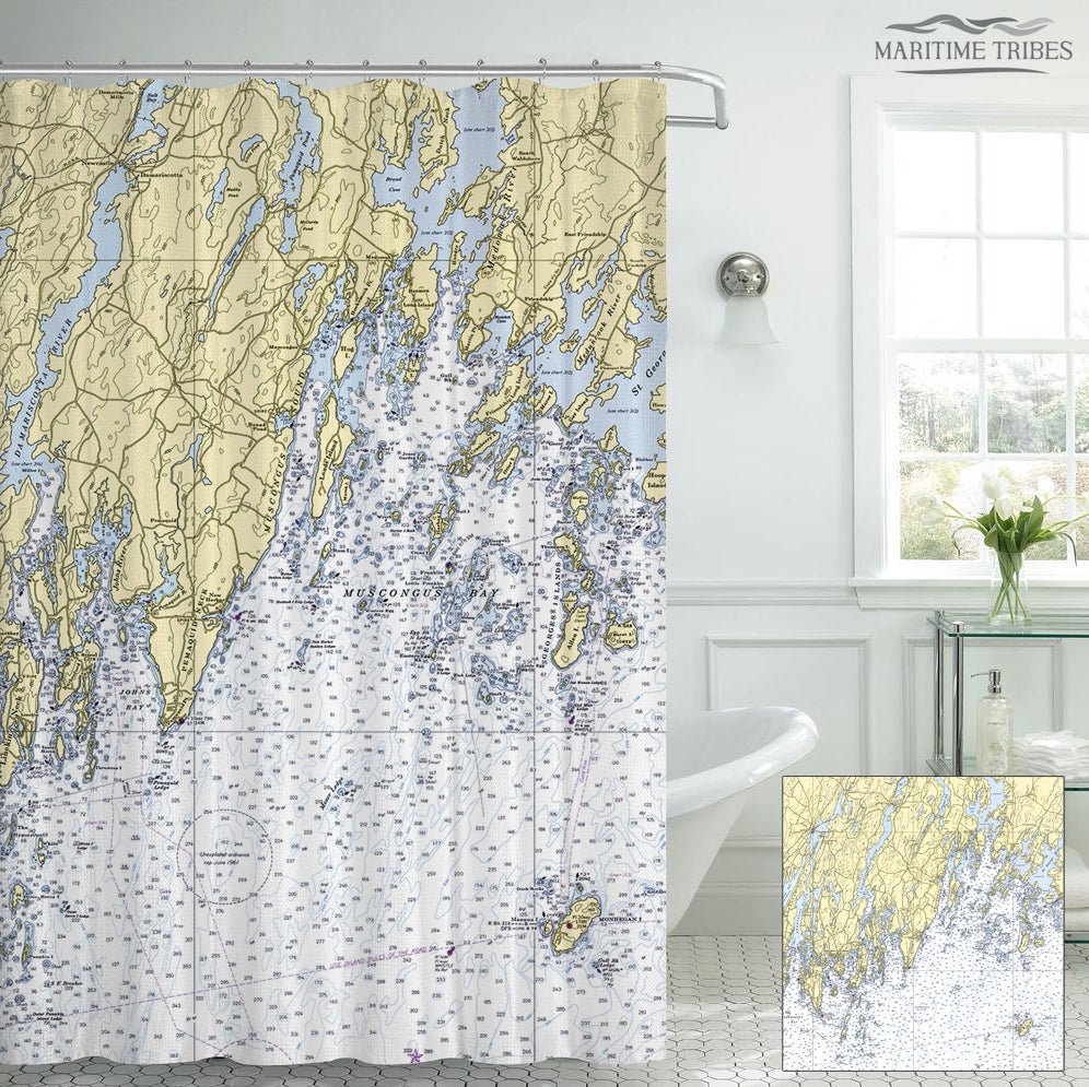 Boothbay Harbor to Pemaquid Neck (including Monhegan Island), ME Nautical Chart Shower Curtain - Maritime Tribes USAShower Curtain