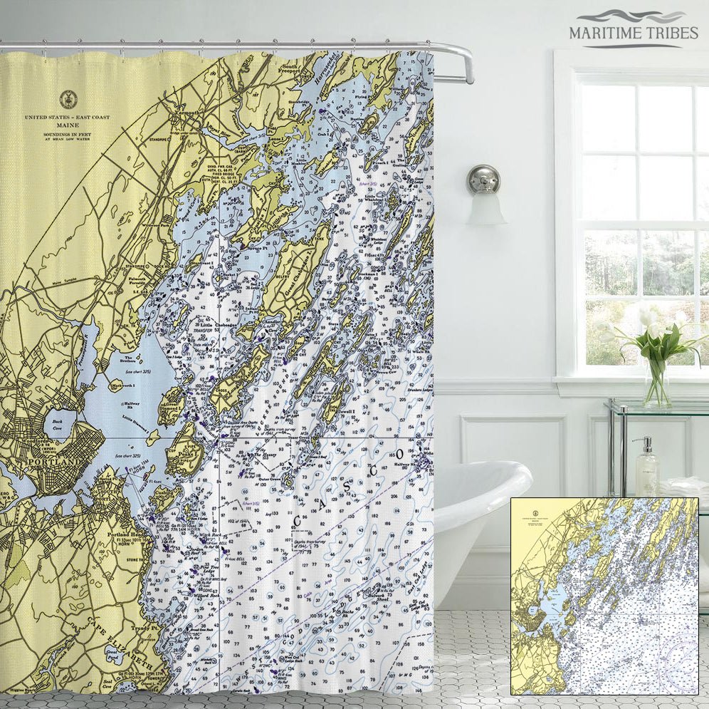 Chebeague Island, ME Nautical Chart Shower Curtain - Maritime Tribes USAShower Curtain