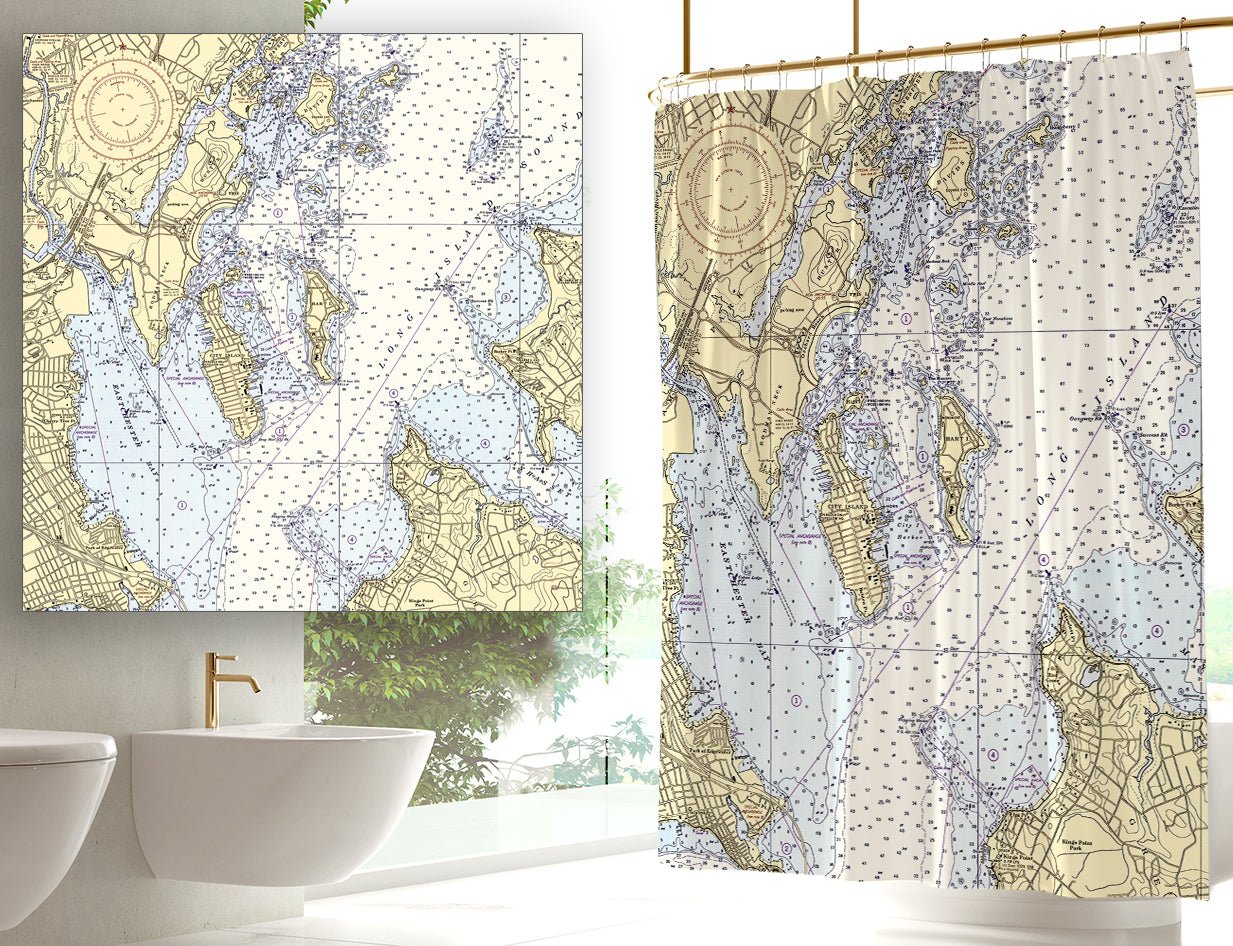City Island, NY Nautical Chart Shower Curtain - Maritime Tribes USAShower Curtain