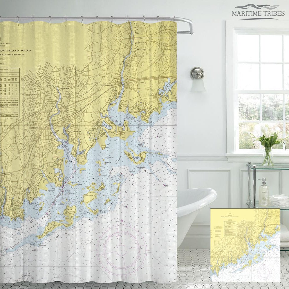 Darien to Westport, CT Nautical Chart Shower Curtain - Maritime Tribes USAShower Curtain