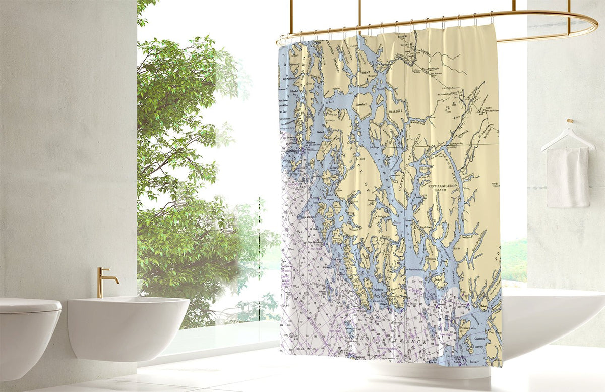 Ketchikan, AK w/ Prince of Wales Island Nautical Chart Shower Curtain - Maritime Tribes USAShower Curtain