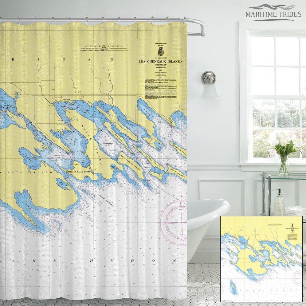 Les Cheneaux Islands, MI Nautical Chart Shower Curtain - Maritime Tribes USAShower Curtain