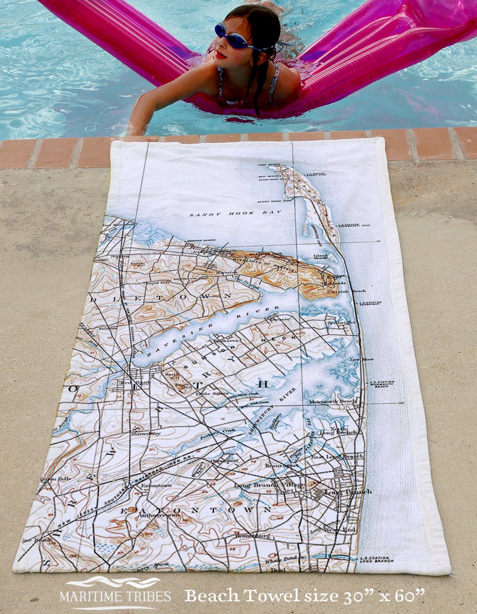 Sandy Hook to Long Branch, NJ Antique Topo Map Quick Dry Towel - Maritime Tribes USATowel