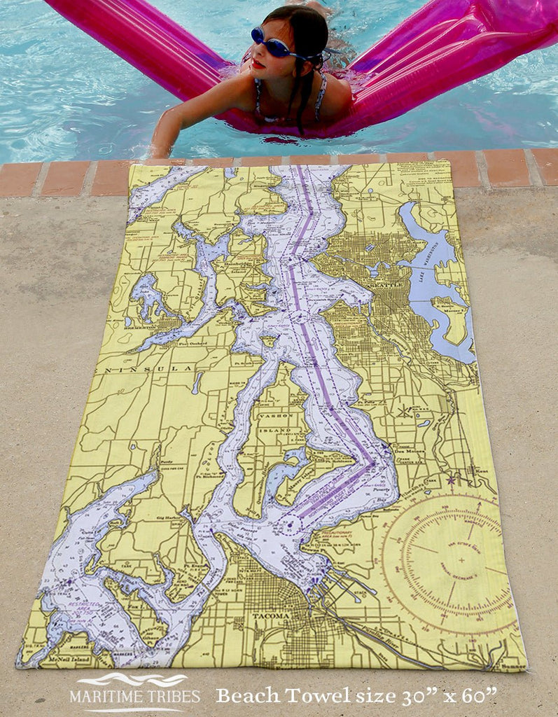 Seattle, WA Nautical Chart Quick Dry Towel - Maritime Tribes USATowel
