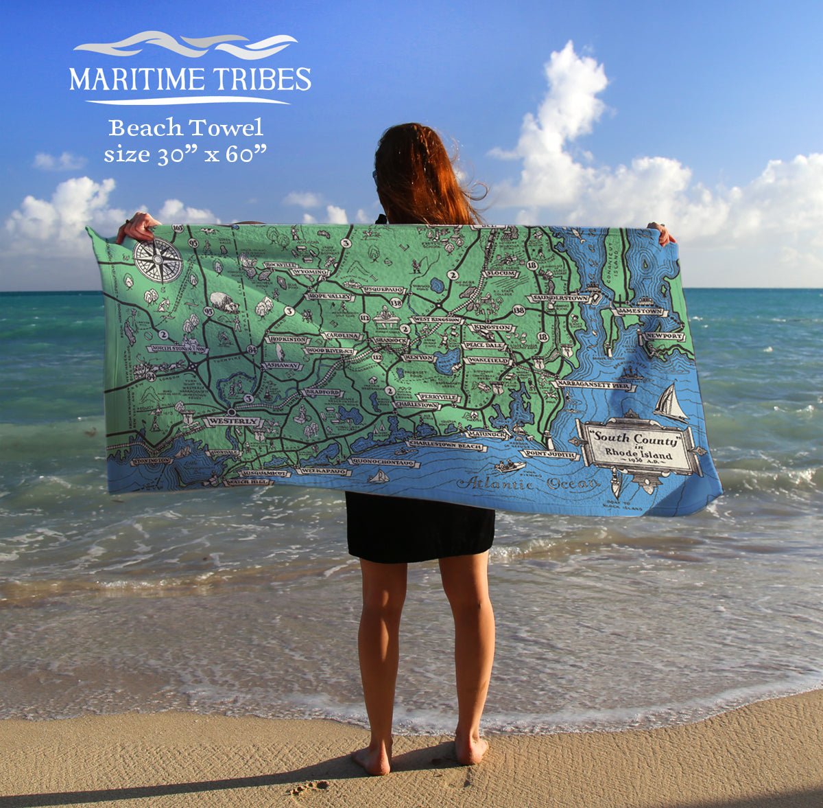 South County Vintage Travel Map, c. 1936 Quick Dry Towel - Maritime Tribes USATowel