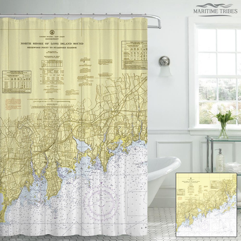 Stamford / Norwalk Nautical Chart Shower Curtain - Maritime Tribes USAShower Curtain
