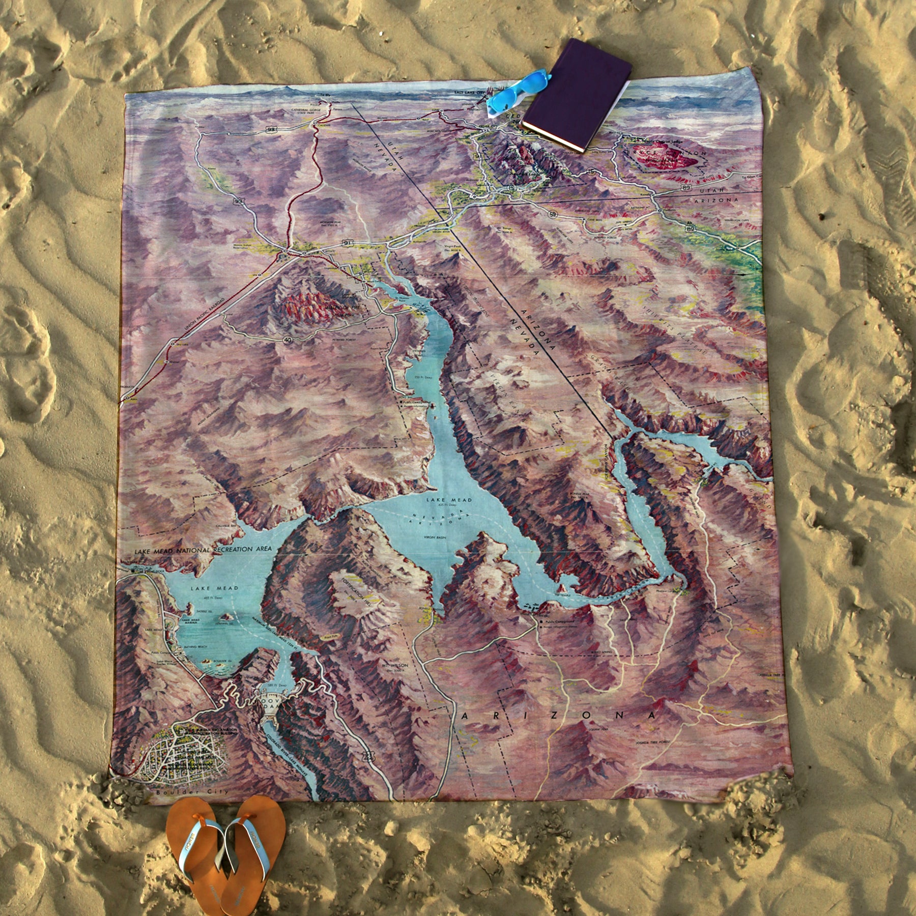 Lake Mead, Nevada Vintage Bird's Eye View Map Blanket