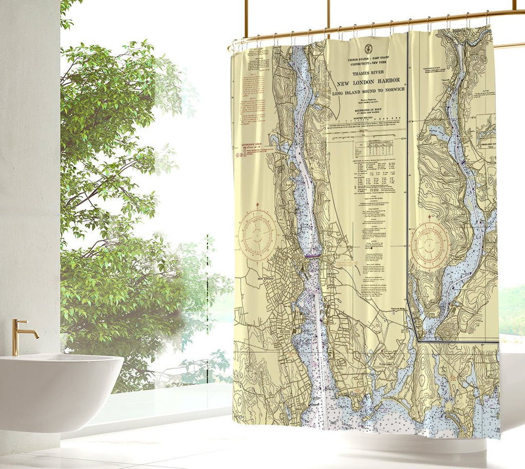 Thames River, CT Nautical Chart Shower Curtain - Maritime Tribes USAShower Curtain